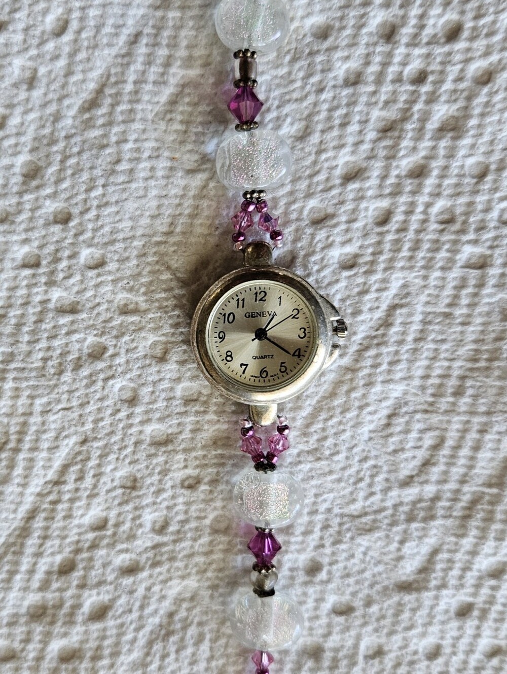 Geneva Silver Watch with Pink and Clear Beaded Bracelet.  Needs Battery.
